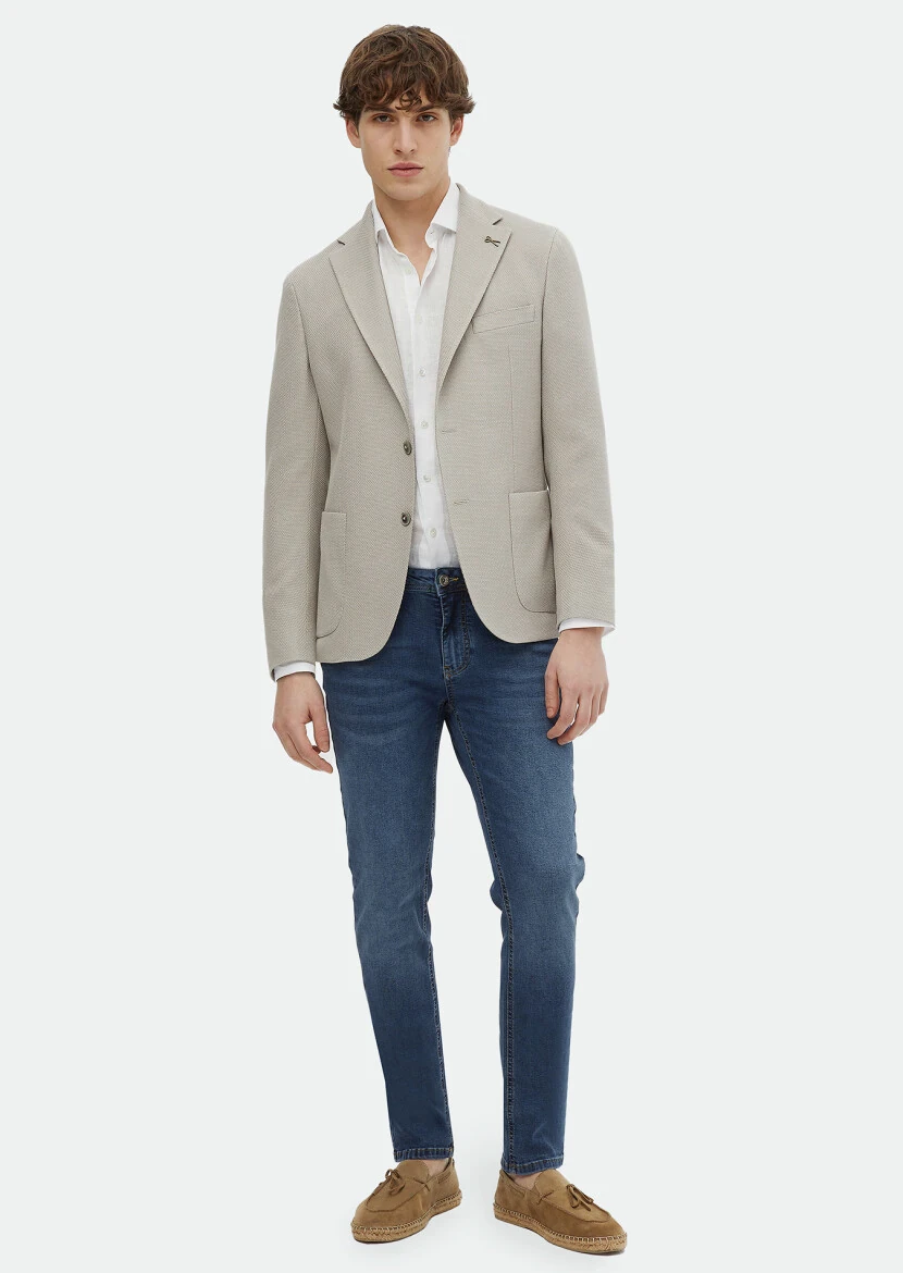 Beige Patterned Shirt Shoulder Slim Fit Cotton Blended Jacket - RAMSEY