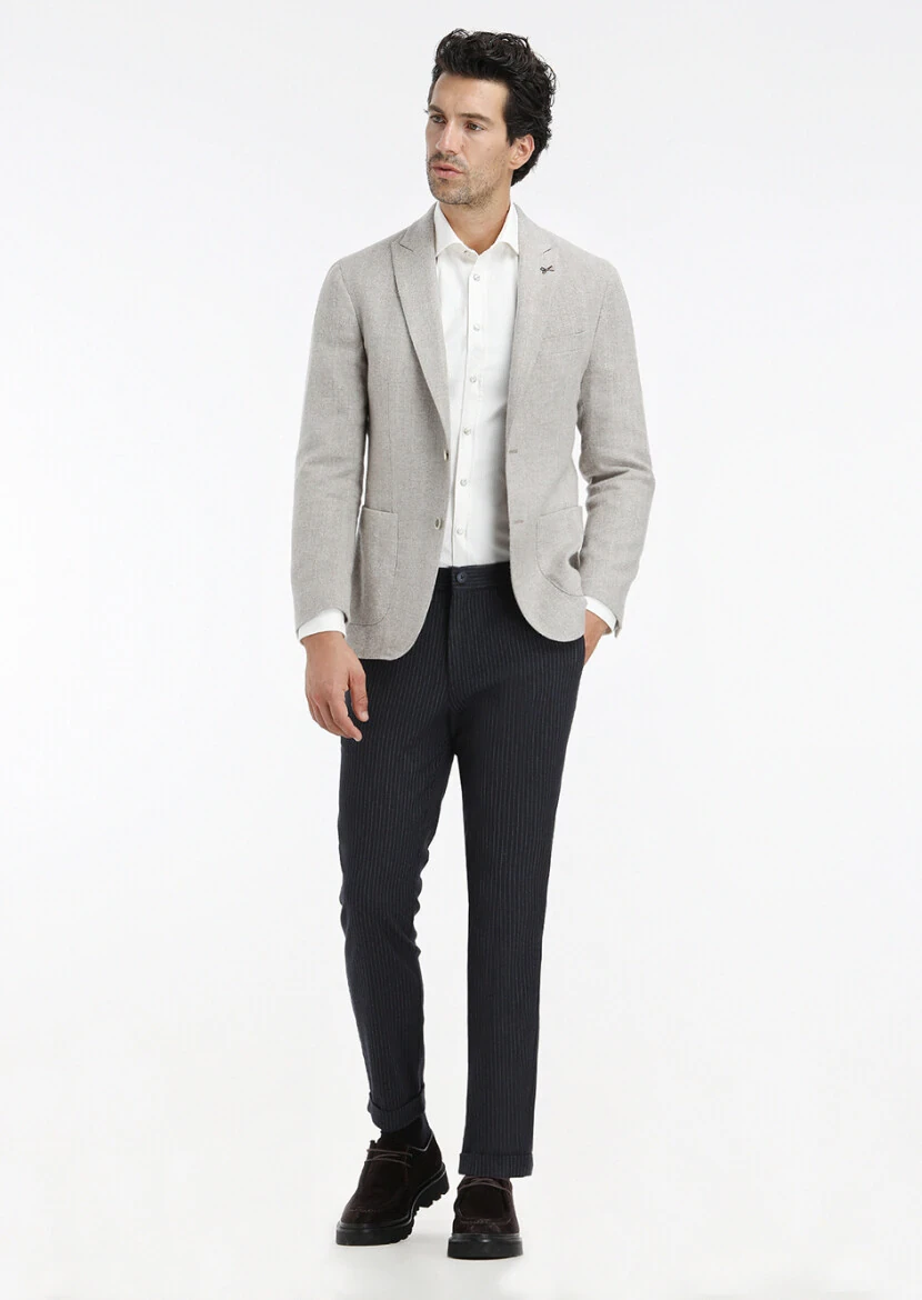 Beige Patterned Shirt Shoulder Slim Fit Wool Blended Jacket - 1