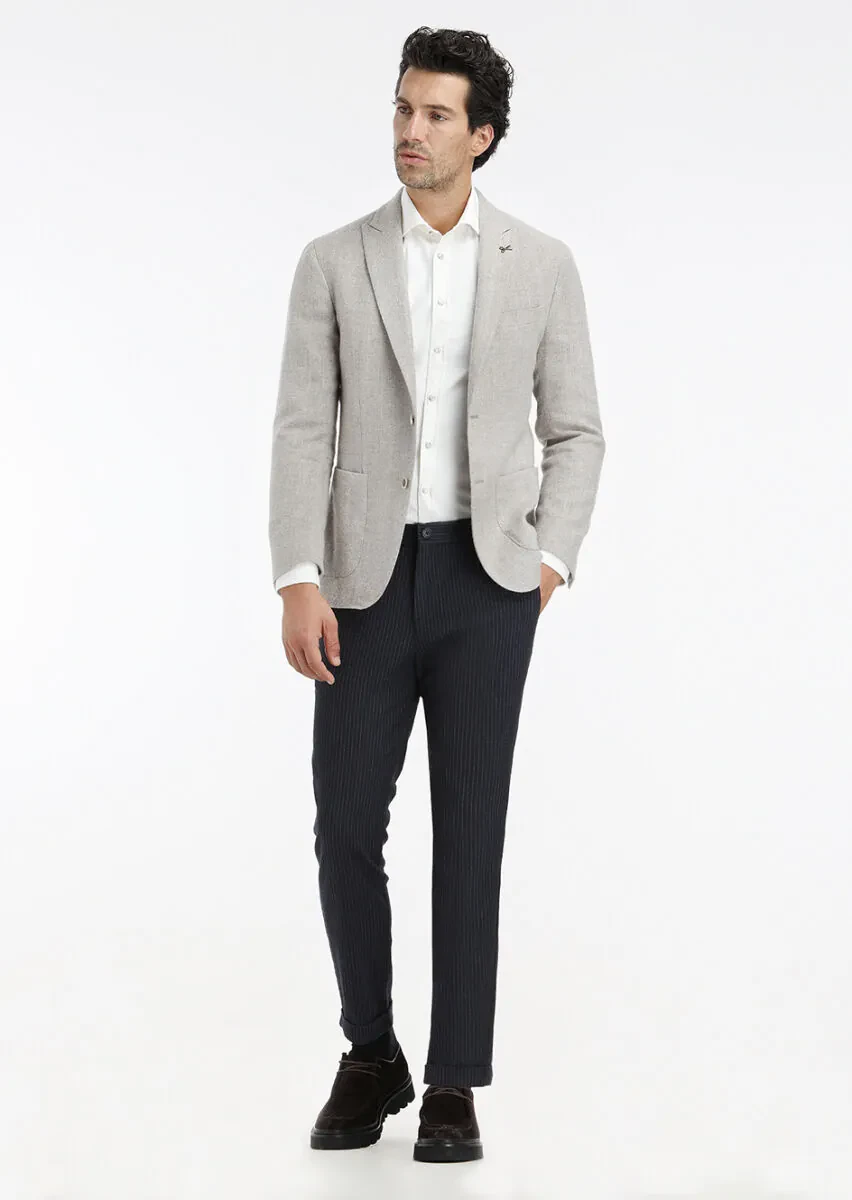 Beige Patterned Shirt Shoulder Slim Fit Wool Blended Jacket - 1