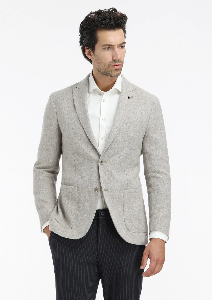 Beige Patterned Shirt Shoulder Slim Fit Wool Blended Jacket - 2