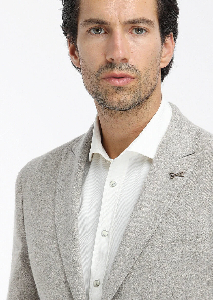 Beige Patterned Shirt Shoulder Slim Fit Wool Blended Jacket - 3