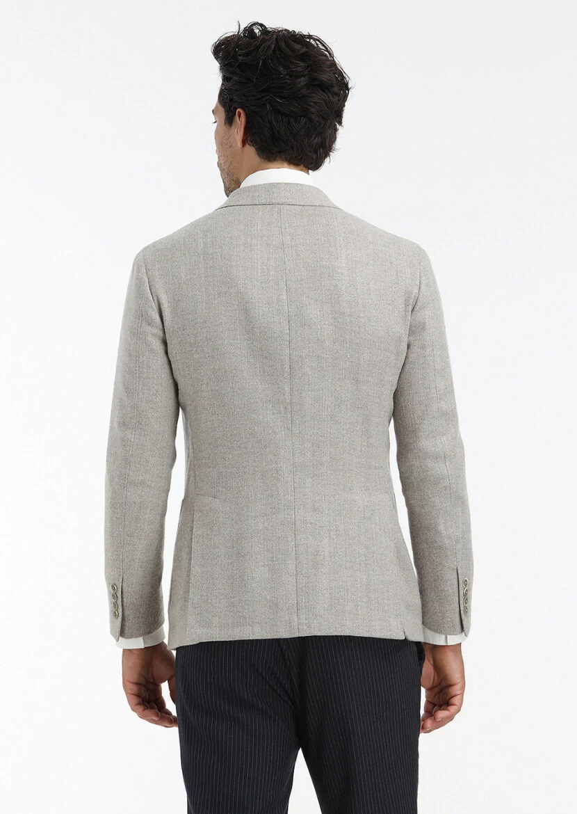 Beige Patterned Shirt Shoulder Slim Fit Wool Blended Jacket - 6