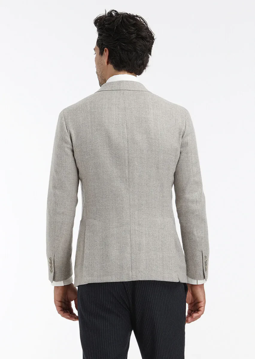 Beige Patterned Shirt Shoulder Slim Fit Wool Blended Jacket - 6