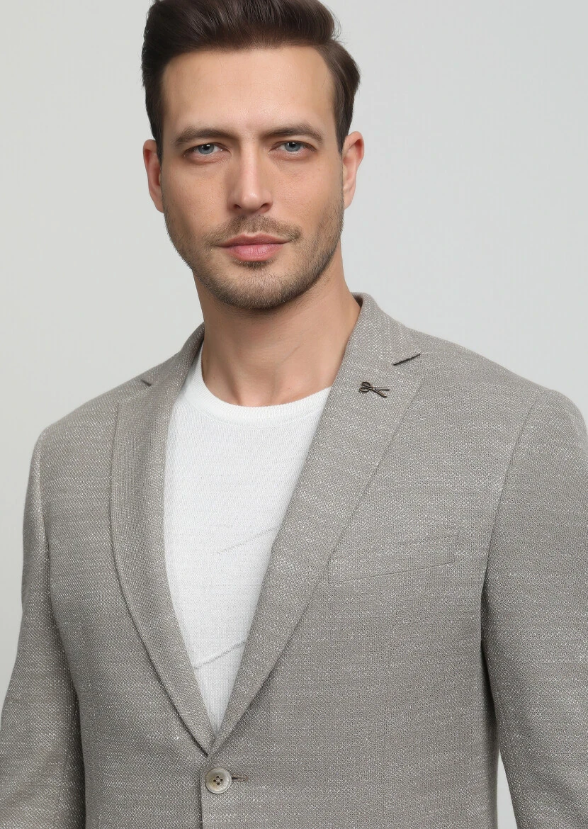 Beige Patterned Zeroweight Slim Fit Cotton Blended Jacket - 2