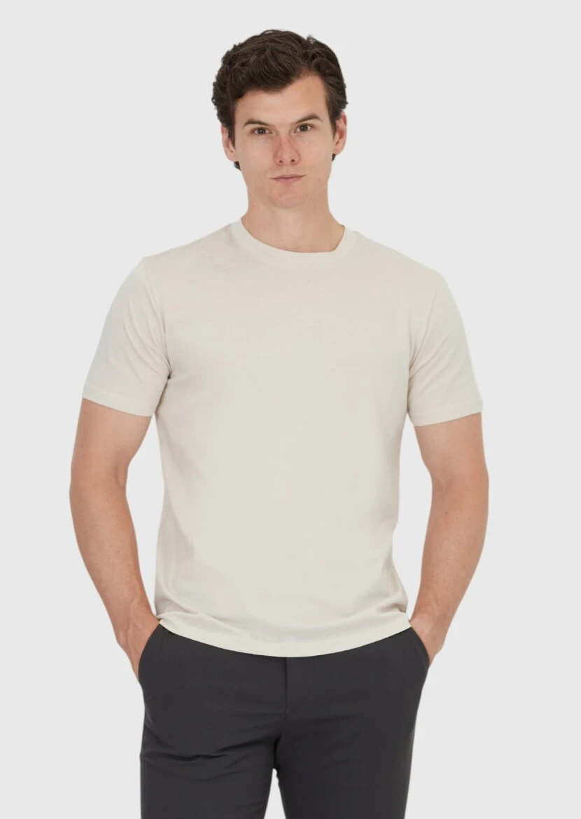 Beige Plain Crew Neck 100% Cotton T-Shirt - RAMSEY