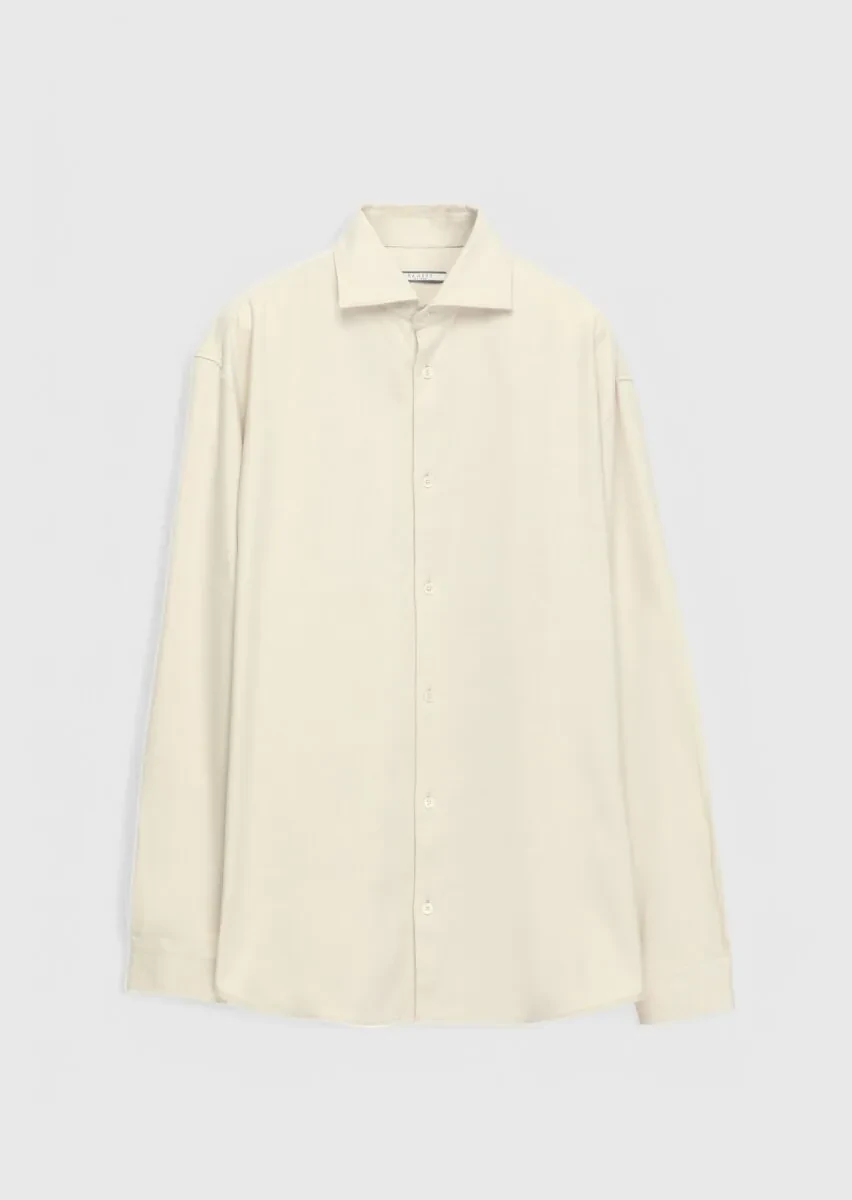 Beige Plain Oversize Fit Weaving Casual Wool Blended Shirt - 1