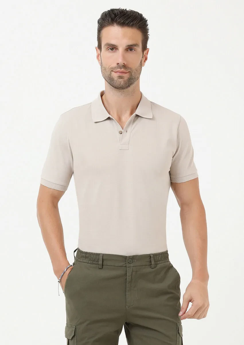 Beige Plain Polo Neck 100% Cotton T-Shirt - 1