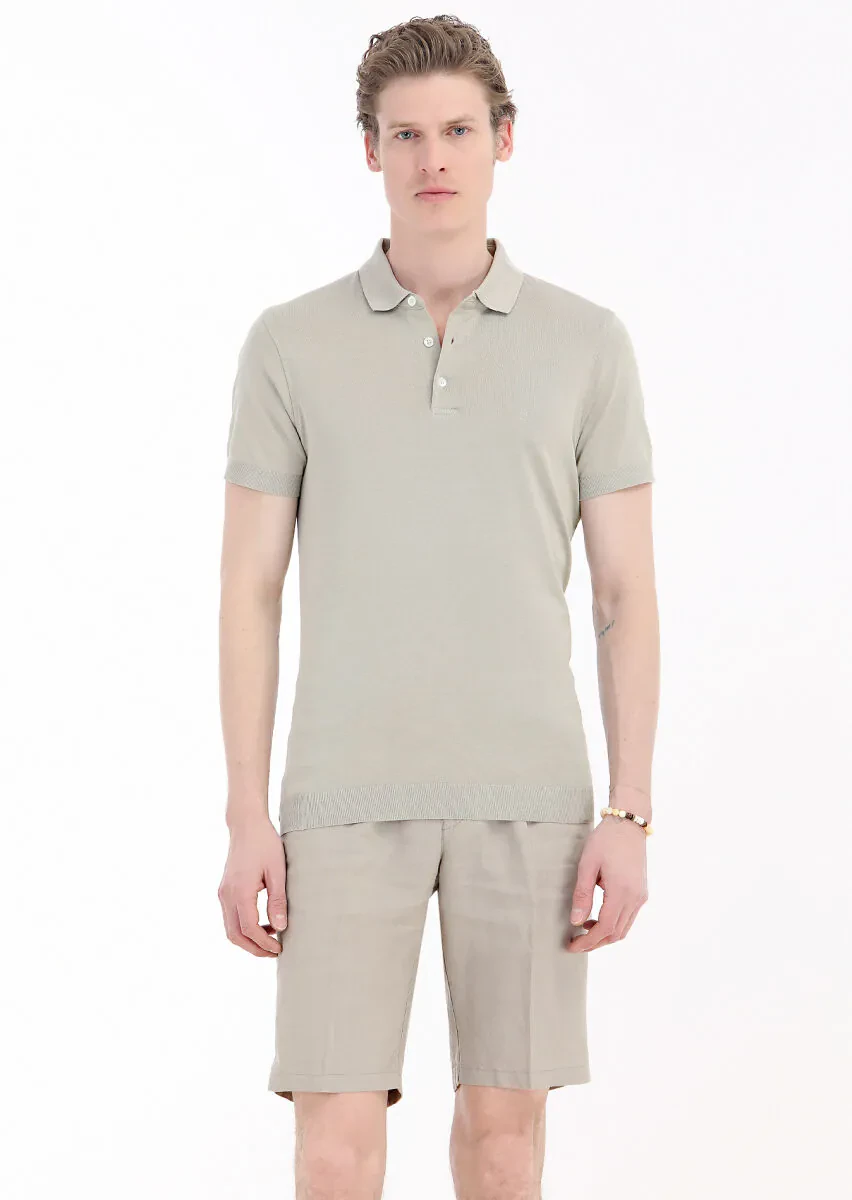 Beige Plain Polo Neck 100% Cotton T-Shirt - 2