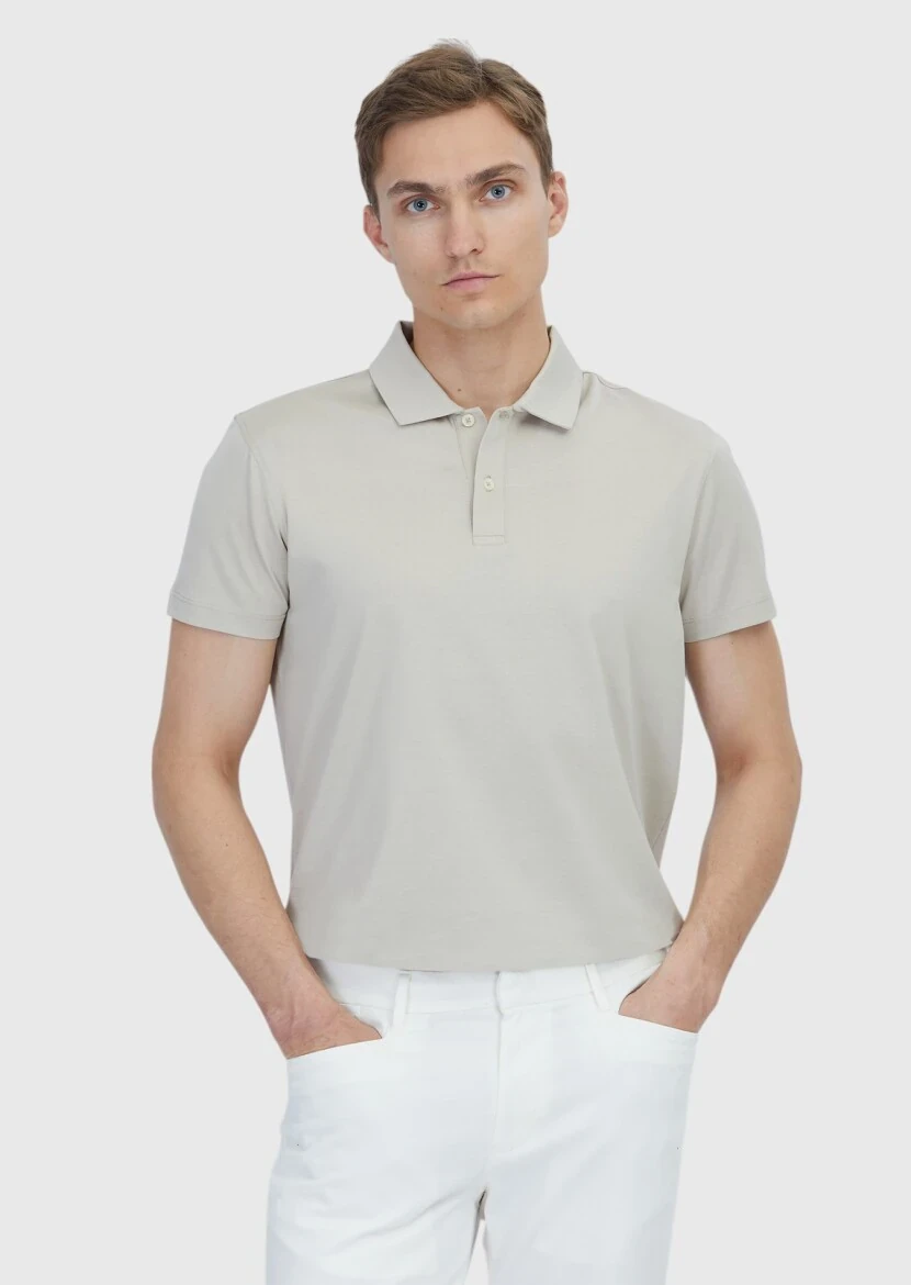 Beige Plain Polo Neck 100% Cotton T-Shirt - RAMSEY