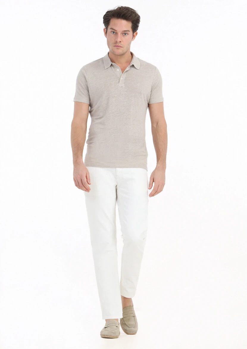 Beige Plain Polo Neck 100% Linen T-Shirt - RAMSEY