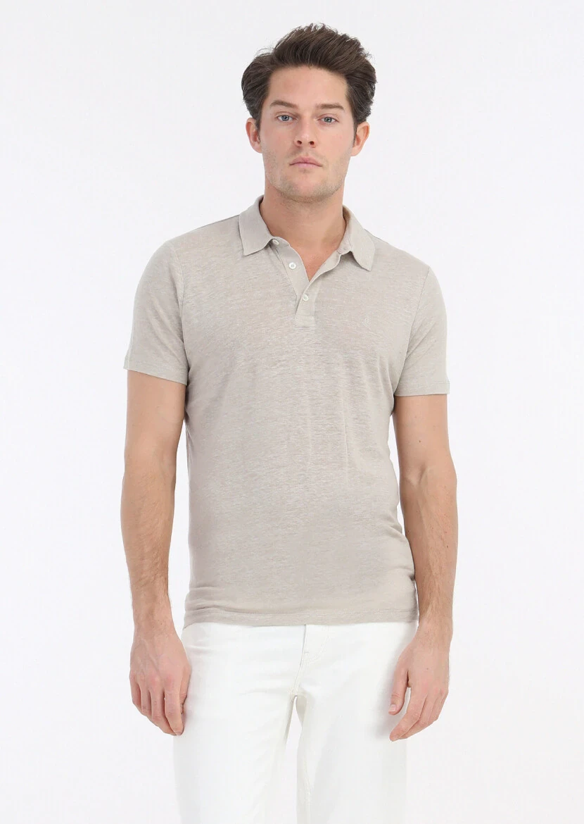 Beige Plain Polo Neck 100% Linen T-Shirt 