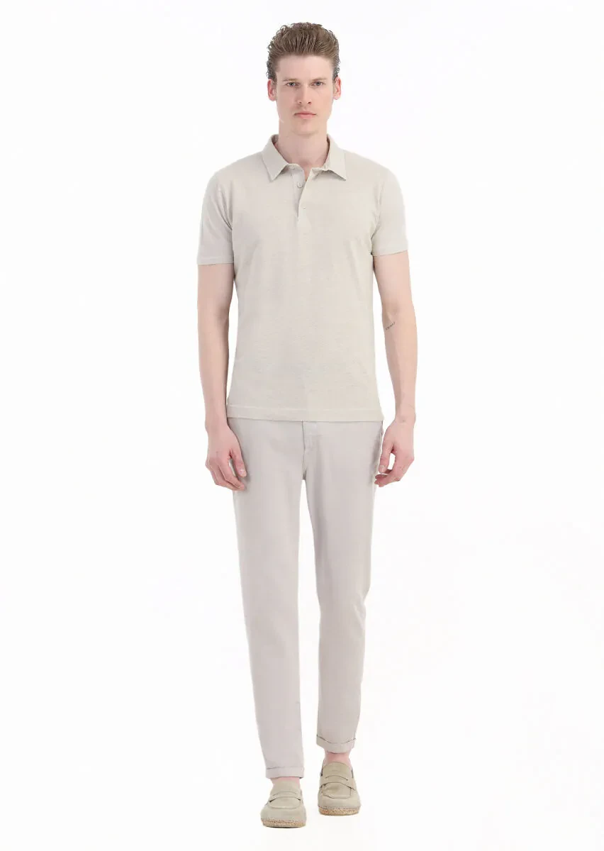 Beige Plain Polo Neck Cotton Blended T-Shirt - 1