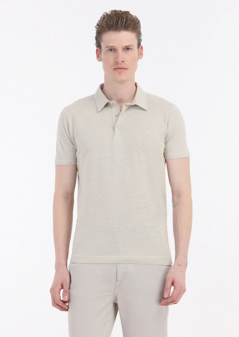 Beige Plain Polo Neck Cotton Blended T-Shirt - 2
