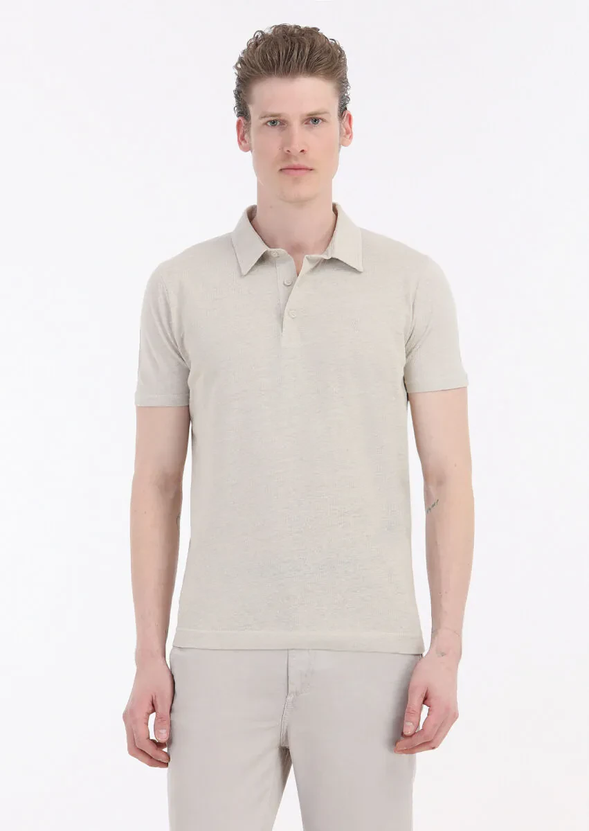 Beige Plain Polo Neck Cotton Blended T-Shirt - 2