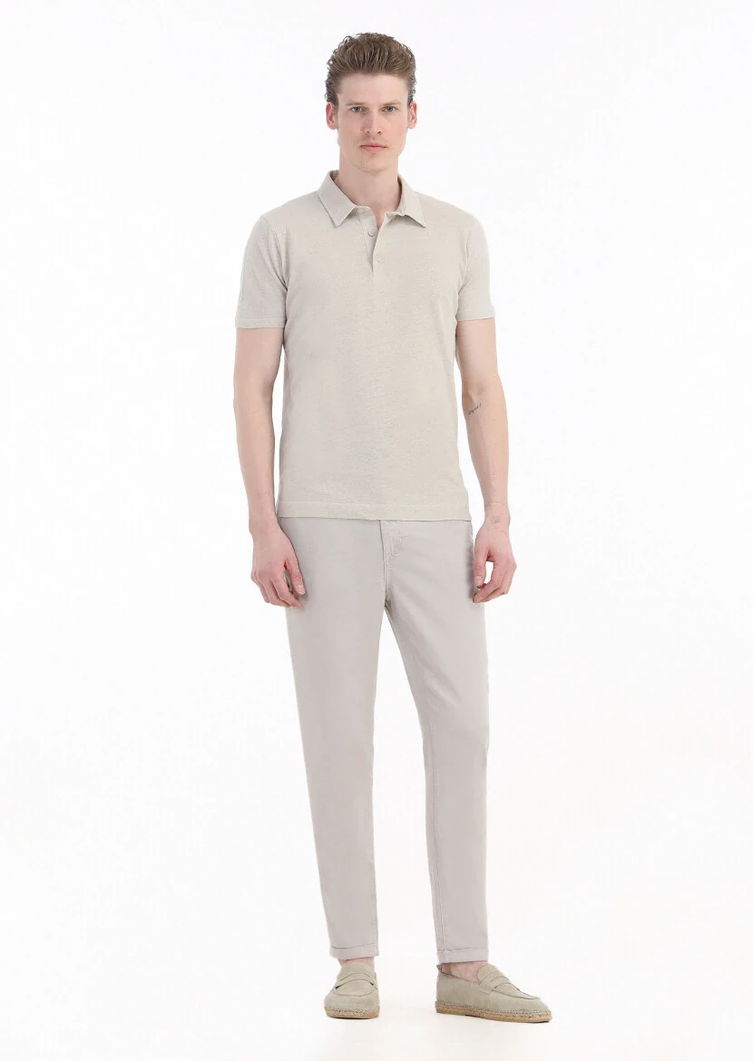 Beige Plain Polo Neck Cotton Blended T-Shirt - 3