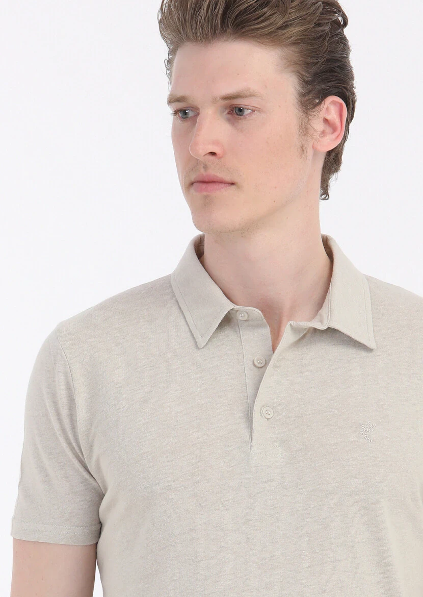 Beige Plain Polo Neck Cotton Blended T-Shirt - 4