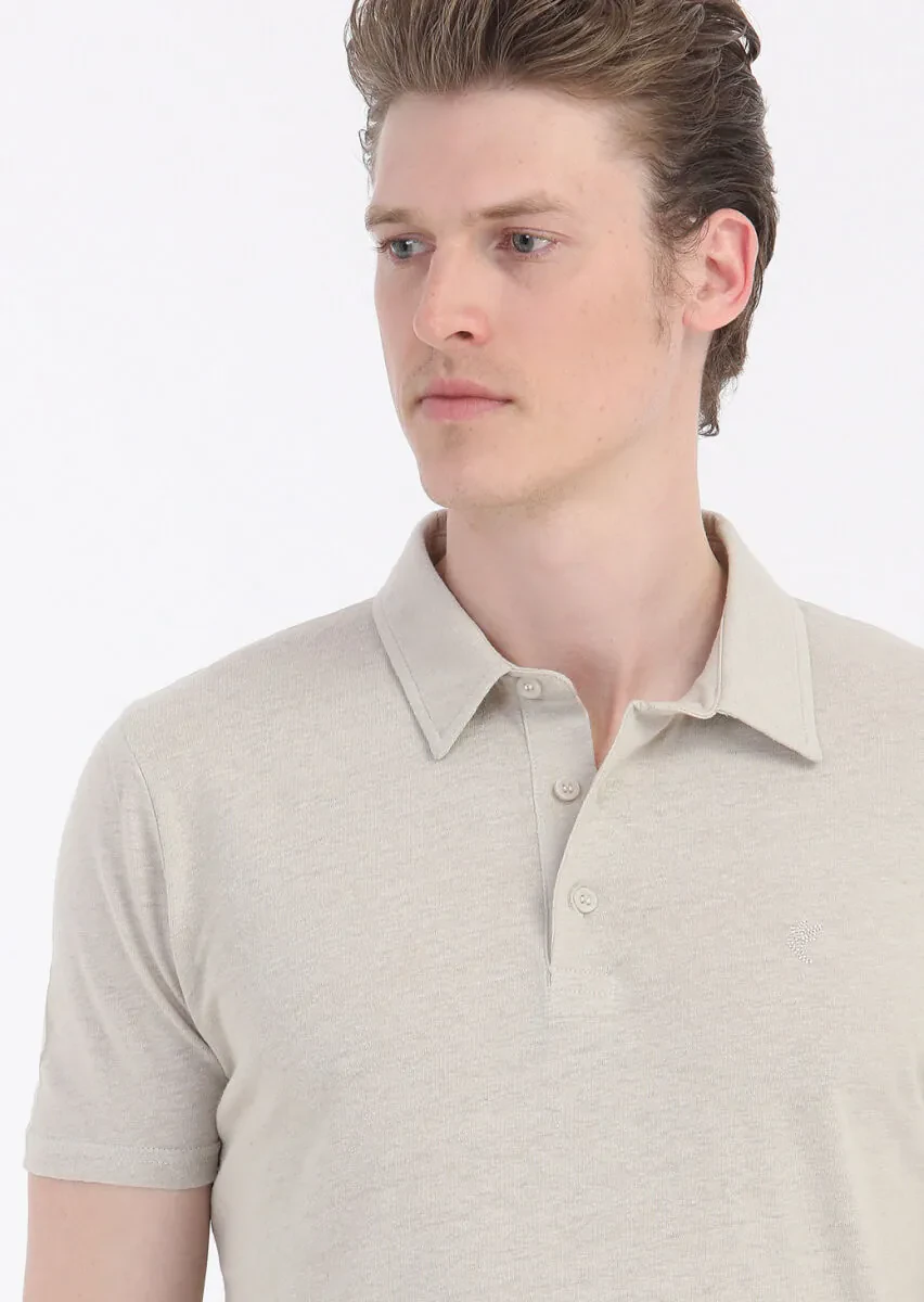 Beige Plain Polo Neck Cotton Blended T-Shirt - 4