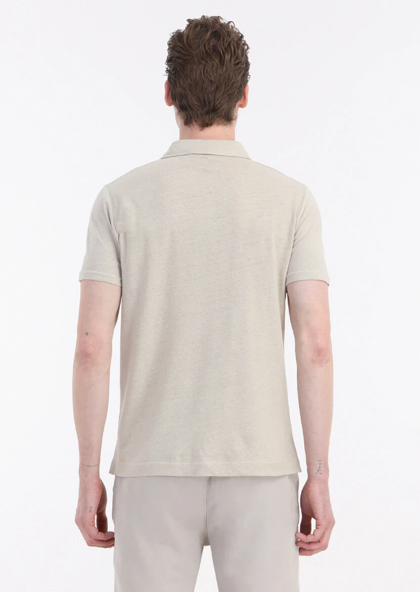 Beige Plain Polo Neck Cotton Blended T-Shirt - 5