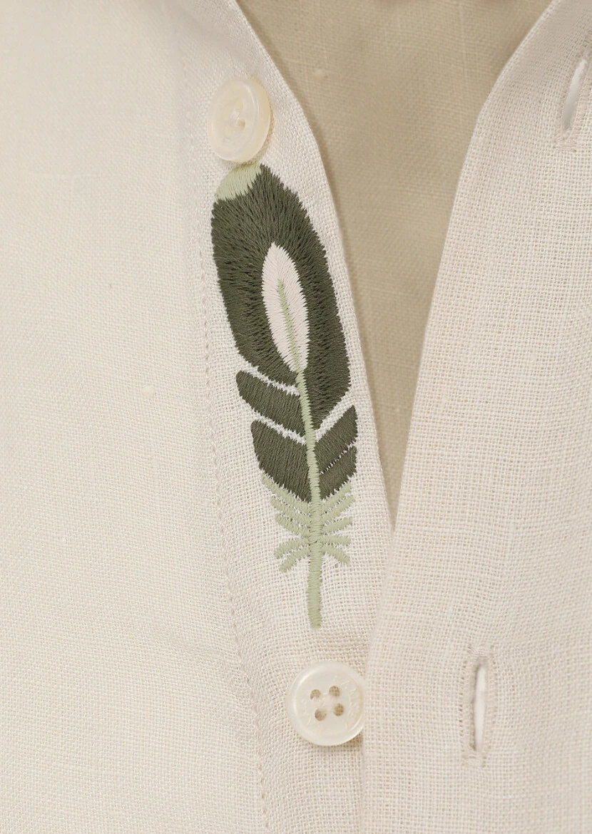 Beige Plain Regular Fit Weaving Casual 100% Linen Shirt 