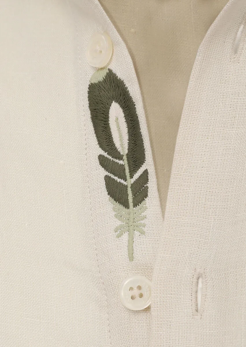 Beige Plain Regular Fit Weaving Casual 100% Linen Shirt - 2