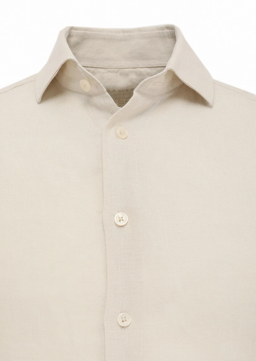 Beige Plain Regular Fit Weaving Casual 100% Linen Shirt - 3