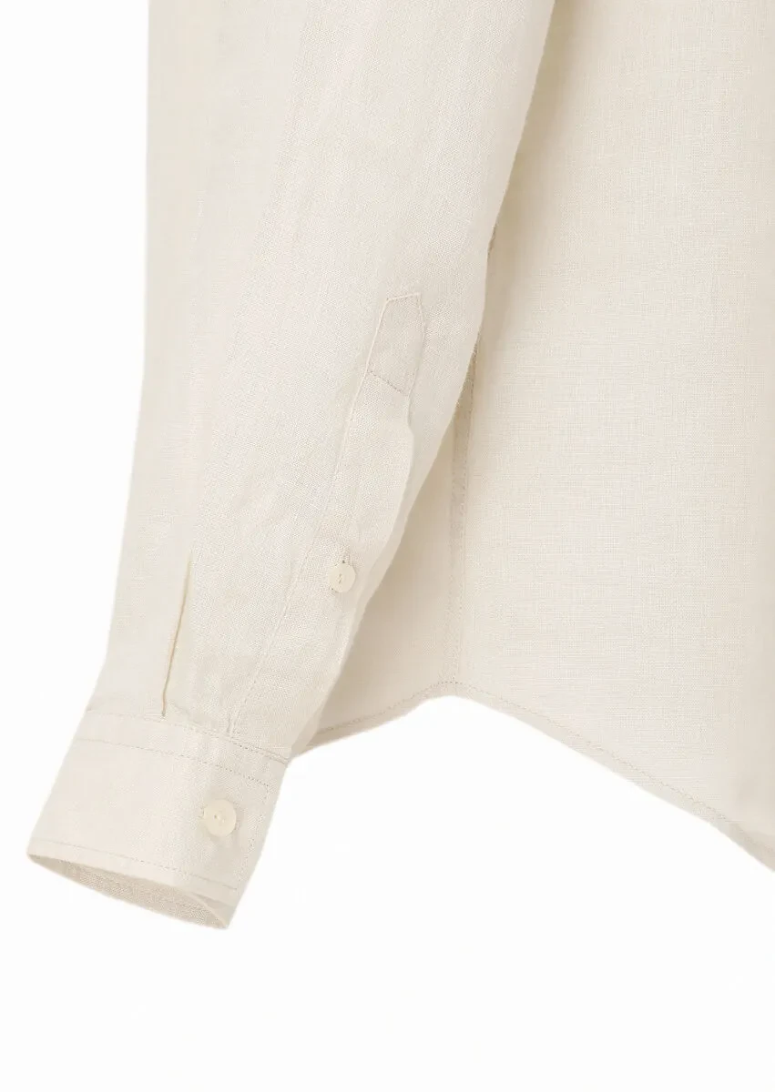 Beige Plain Regular Fit Weaving Casual 100% Linen Shirt - 5