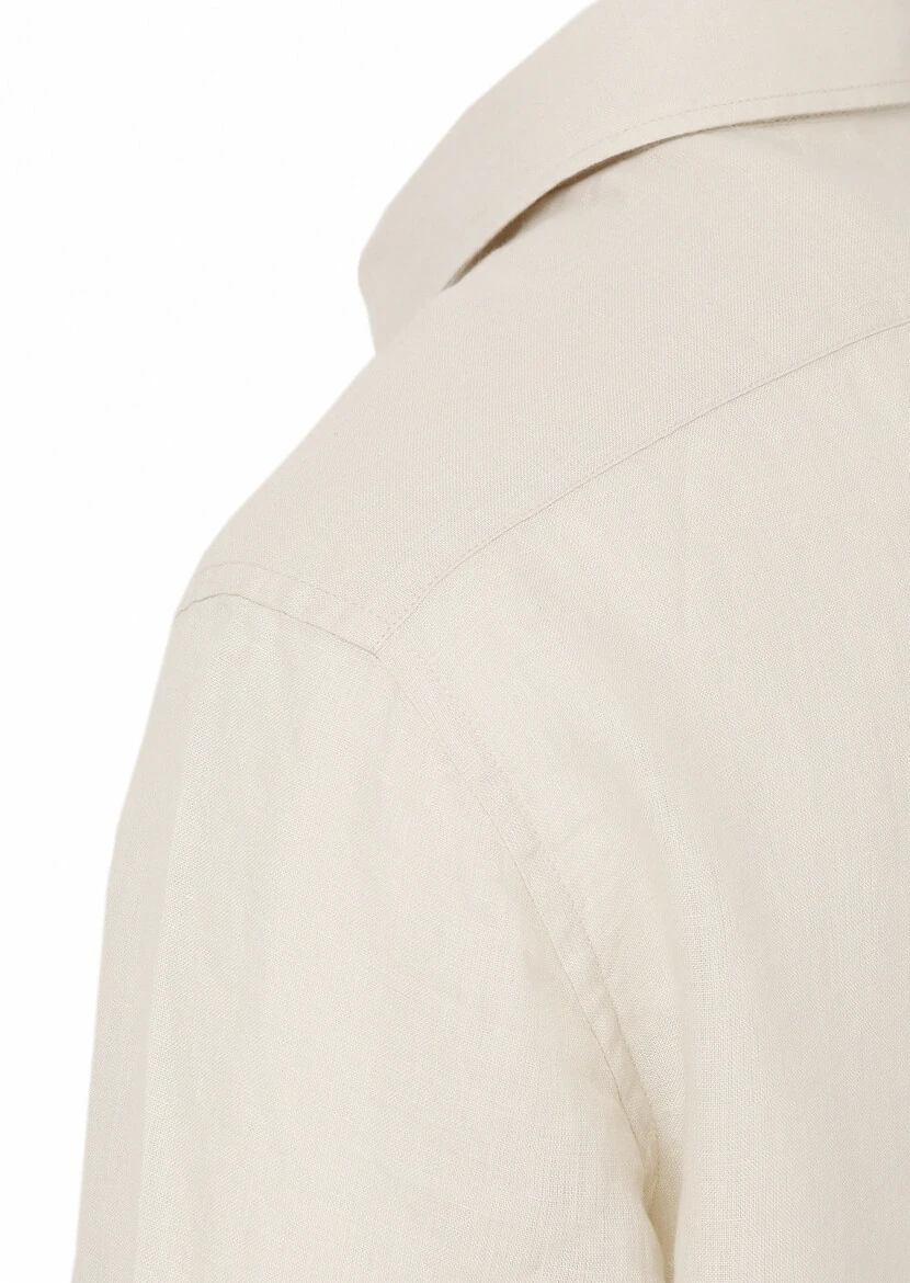 Beige Plain Regular Fit Weaving Casual 100% Linen Shirt - 6