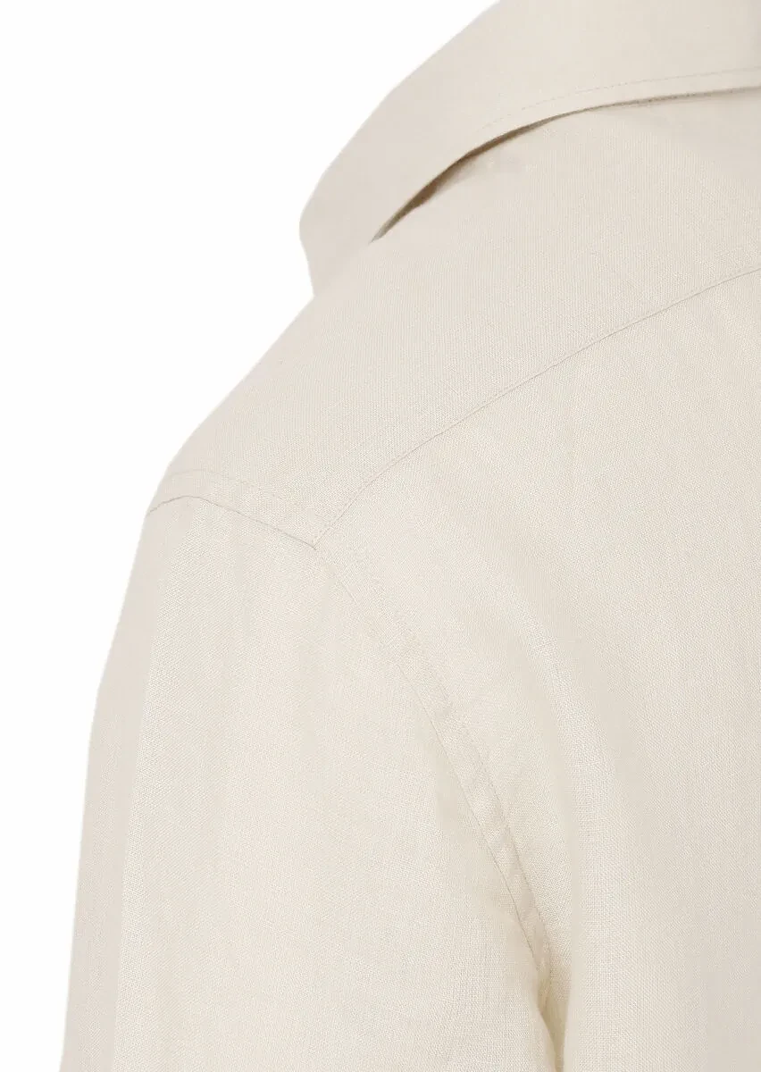 Beige Plain Regular Fit Weaving Casual 100% Linen Shirt - 6