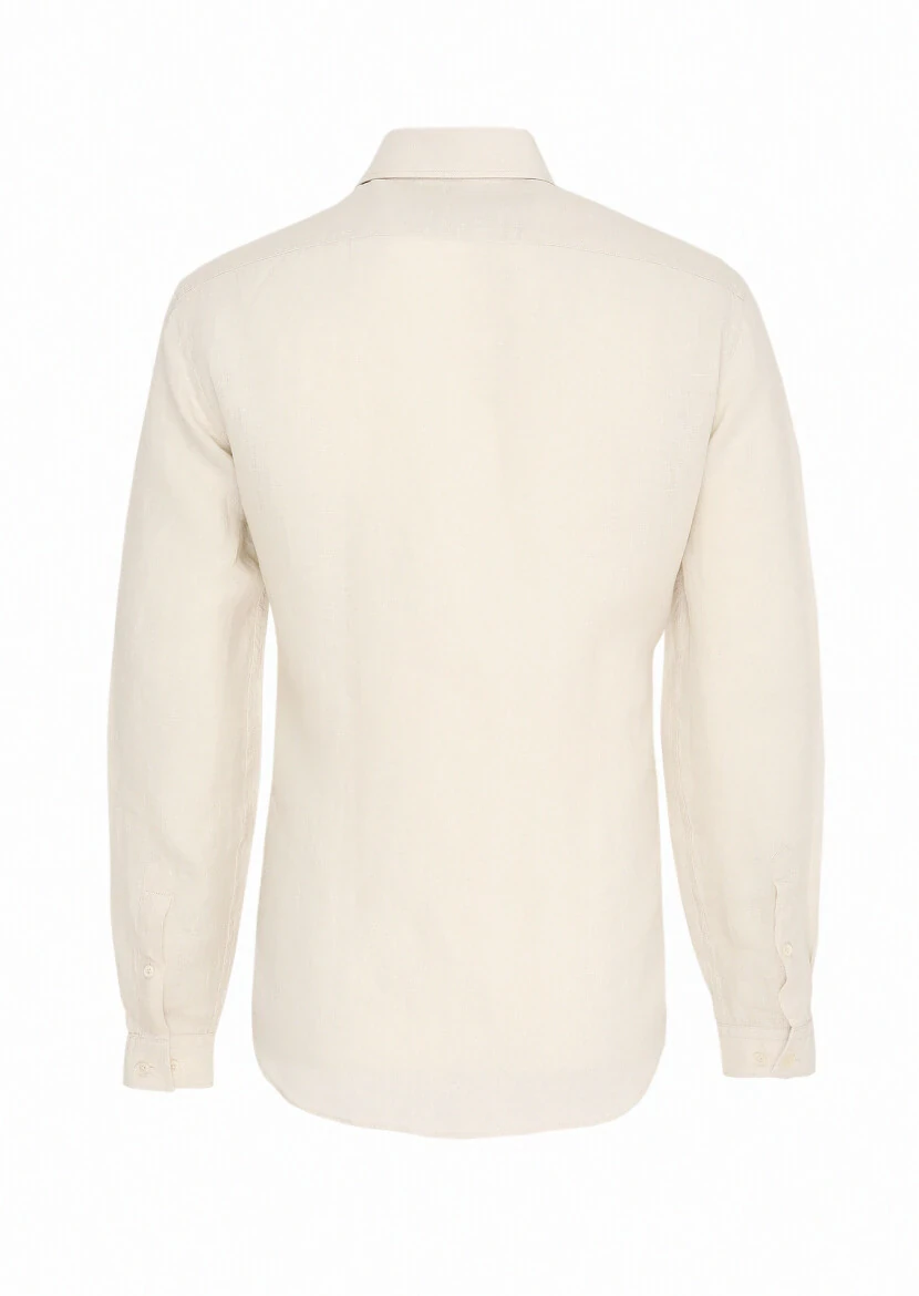 Beige Plain Regular Fit Weaving Casual 100% Linen Shirt - 7