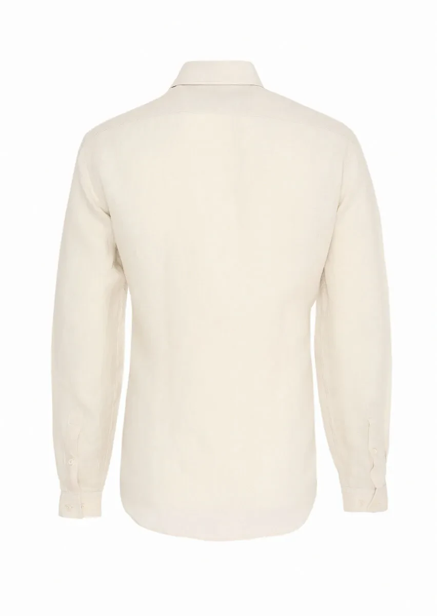 Beige Plain Regular Fit Weaving Casual 100% Linen Shirt - 7