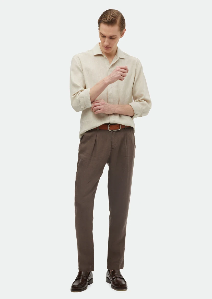 Beige Plain Regular Fit Weaving Casual 100% Linen Shirt - RAMSEY