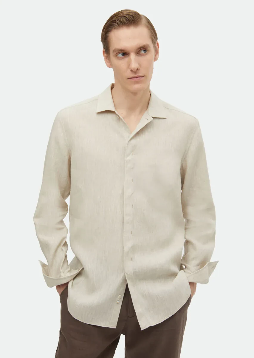 Beige Plain Regular Fit Weaving Casual 100% Linen Shirt - 3