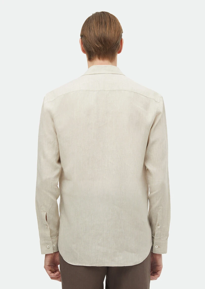 Beige Plain Regular Fit Weaving Casual 100% Linen Shirt - 5