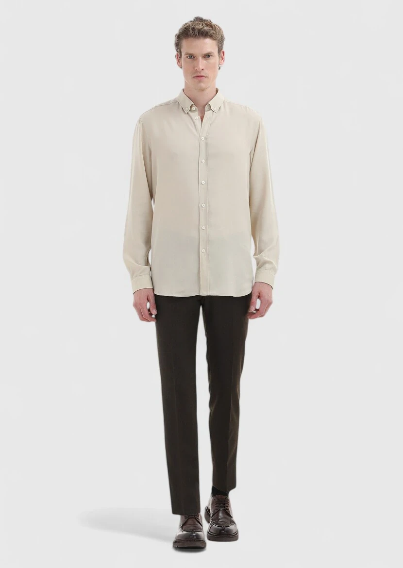 Beige Plain Regular Fit Weaving Casual Shirt - 1