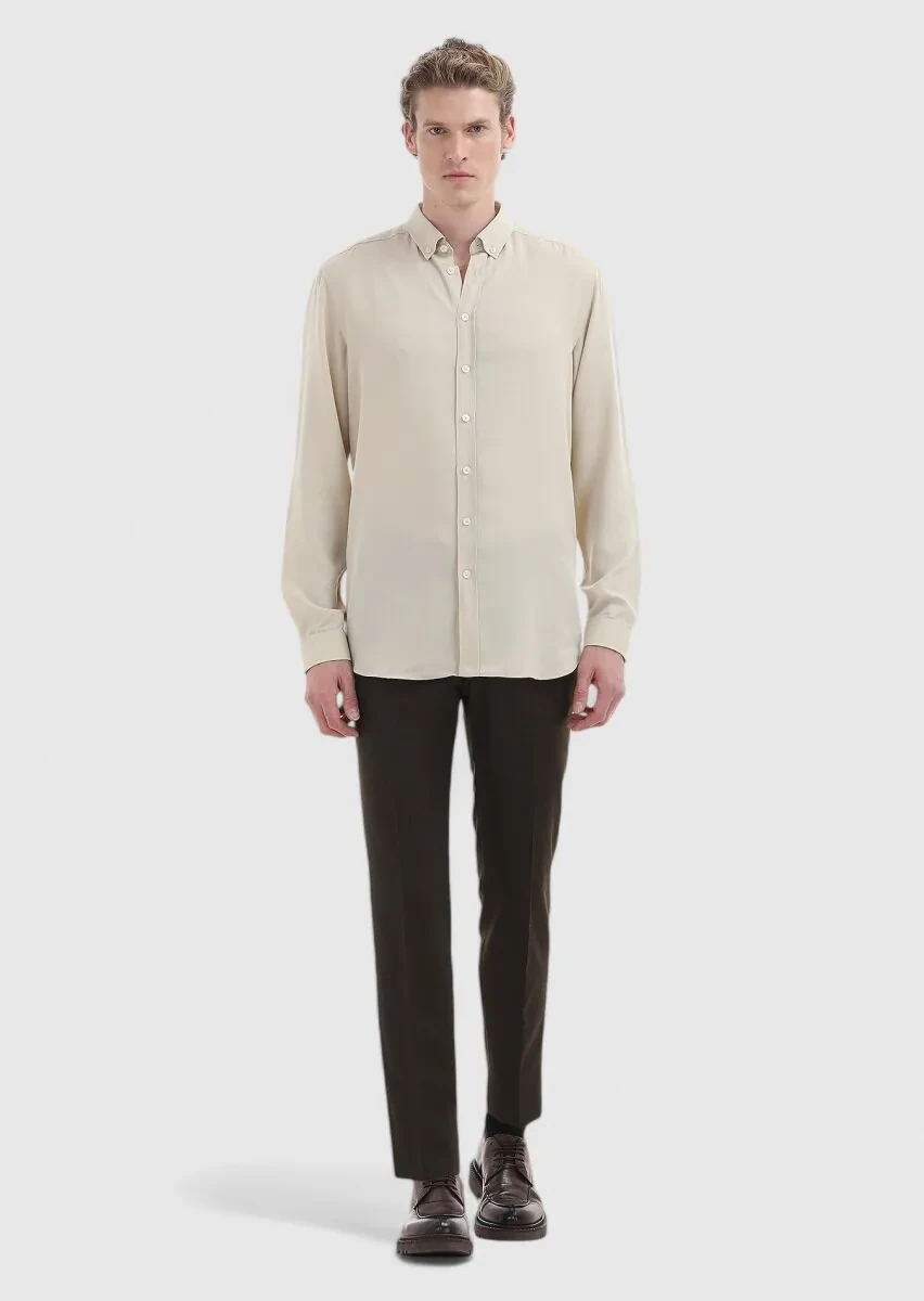 Beige Plain Regular Fit Weaving Casual Shirt - 1