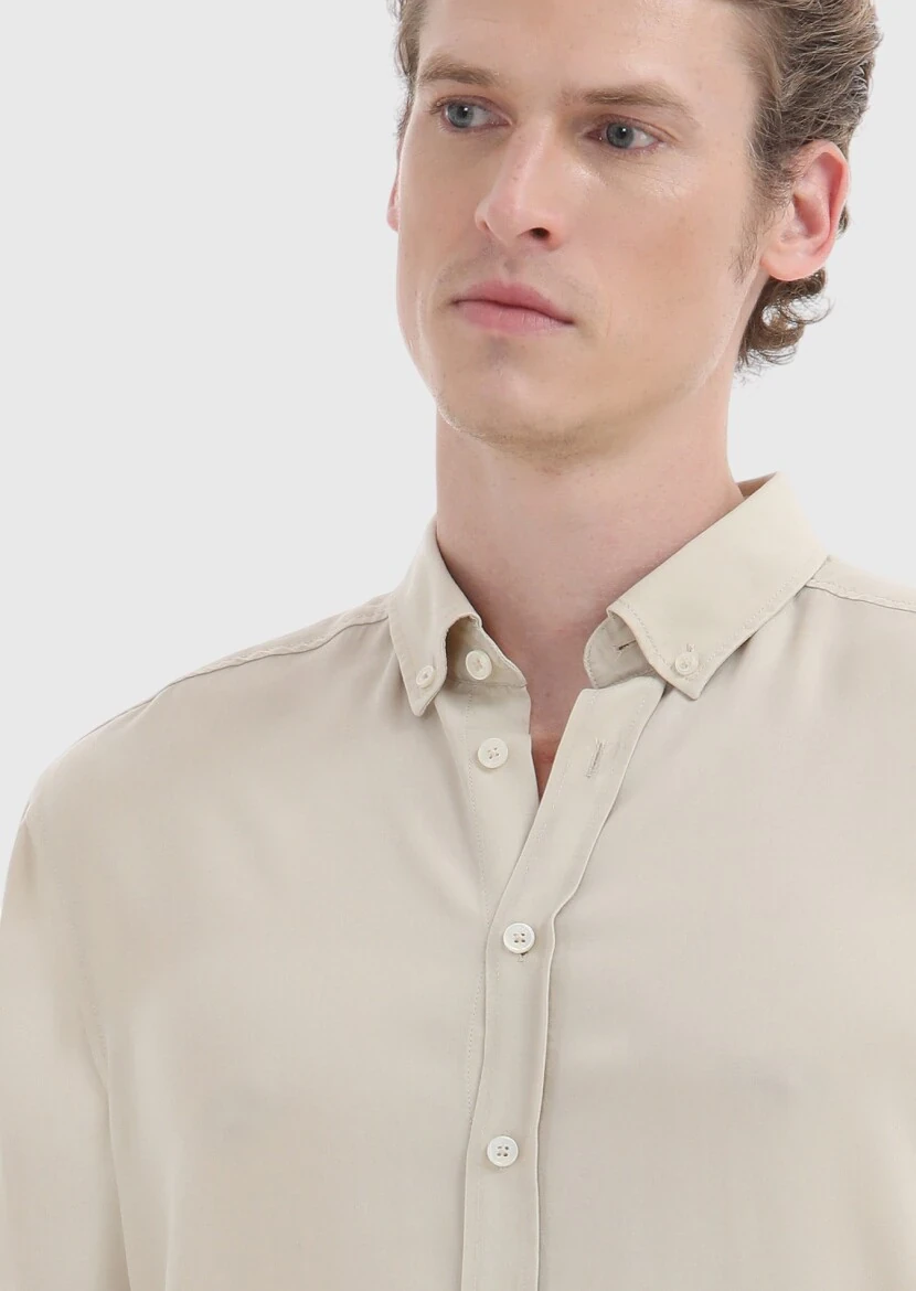 Beige Plain Regular Fit Weaving Casual Shirt - 3