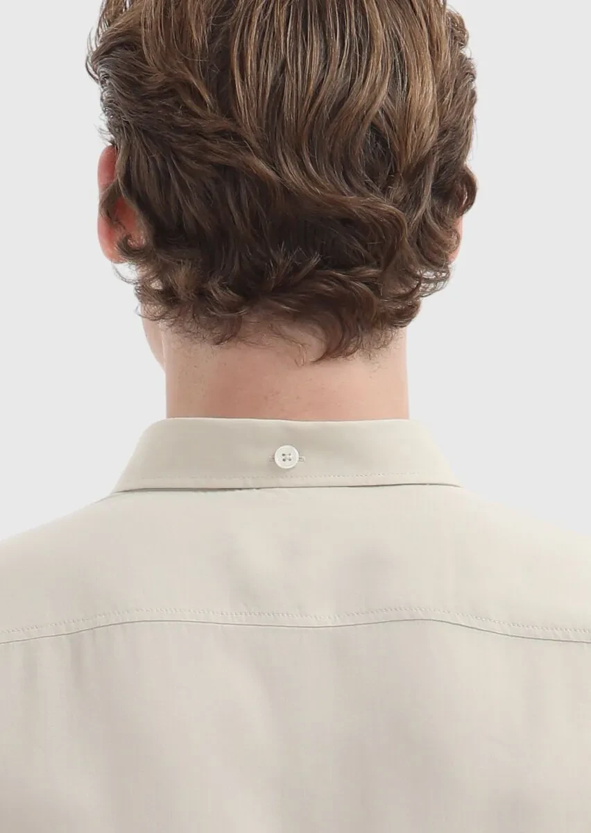 Beige Plain Regular Fit Weaving Casual Shirt - 4