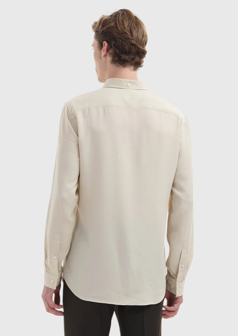 Beige Plain Regular Fit Weaving Casual Shirt - 5