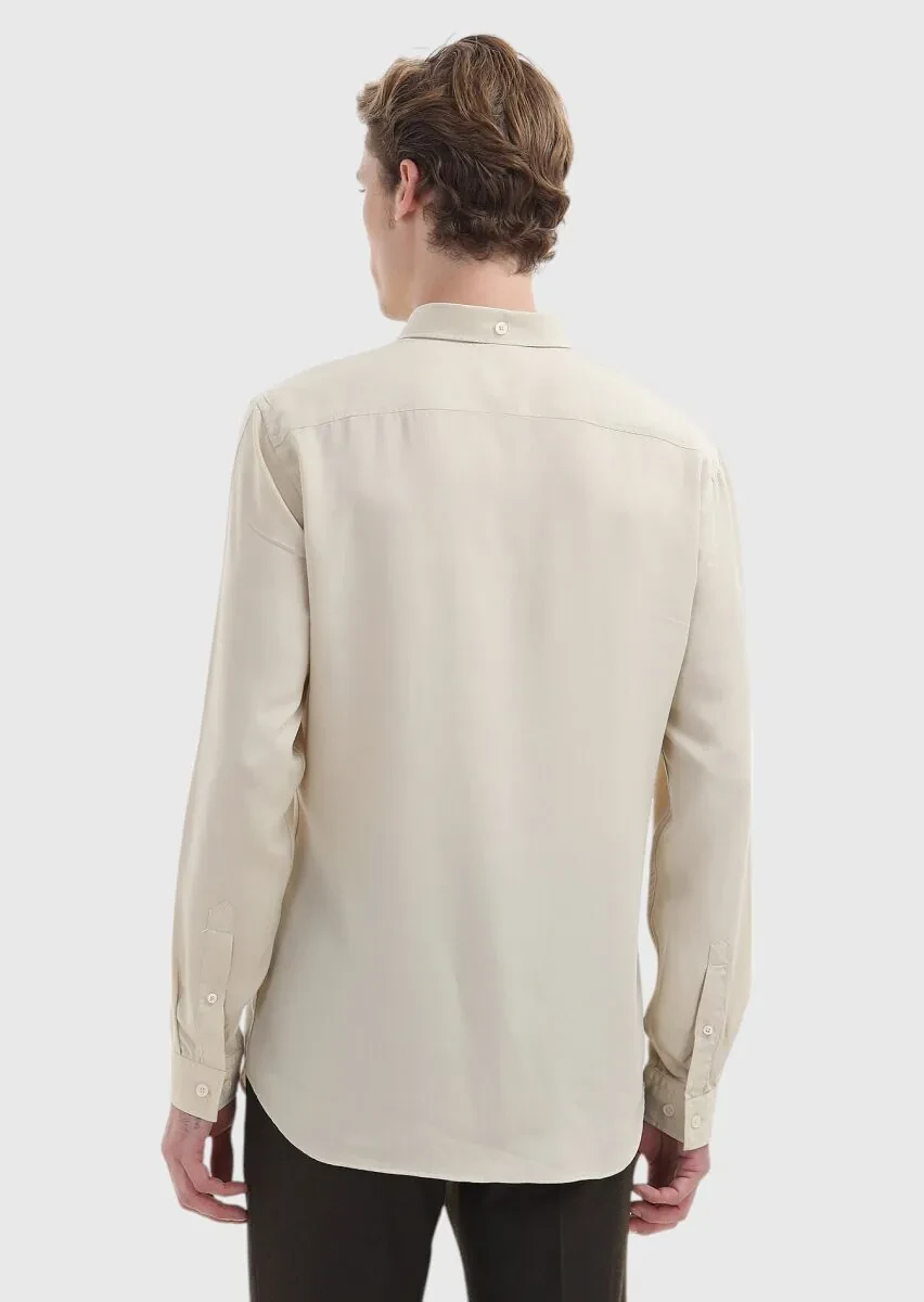 Beige Plain Regular Fit Weaving Casual Shirt - 5