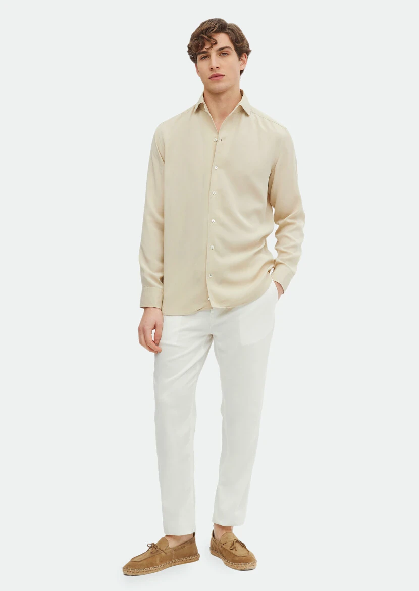 Beige Plain Regular Fit Weaving Casual Shirt 