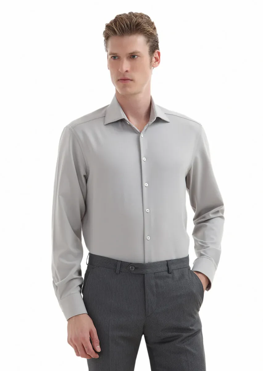 Beige Plain Regular Fit Weaving Classical Wool Blended Shirt - 2