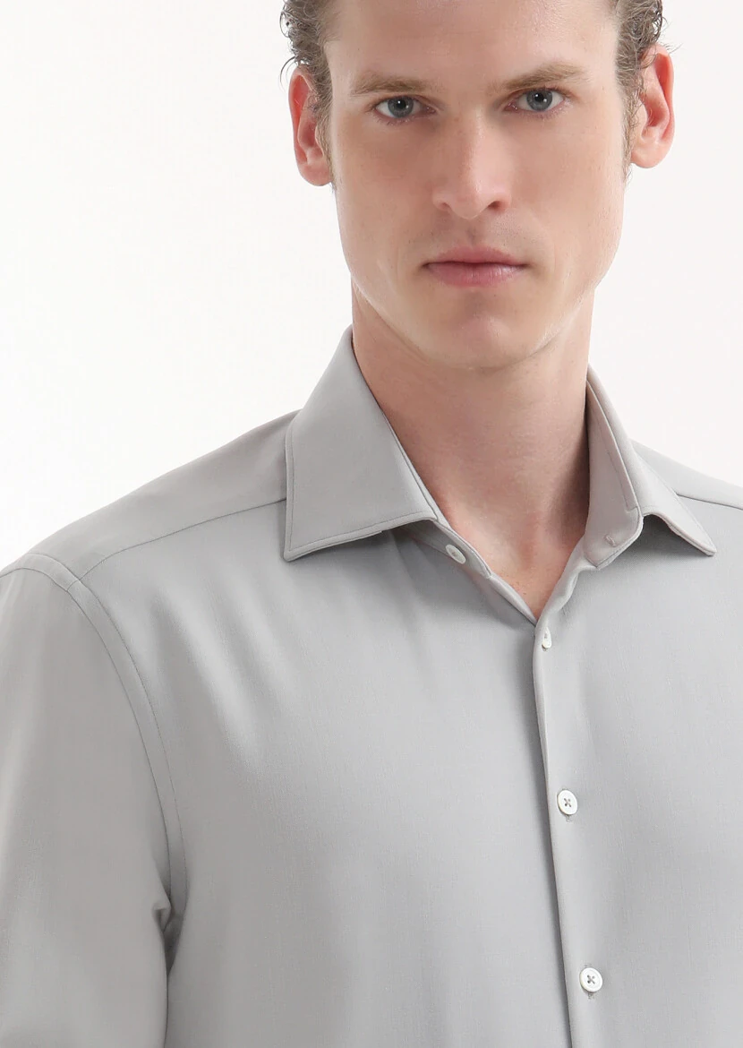 Beige Plain Regular Fit Weaving Classical Wool Blended Shirt - 3