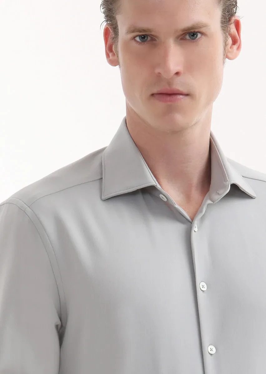 Beige Plain Regular Fit Weaving Classical Wool Blended Shirt - 3