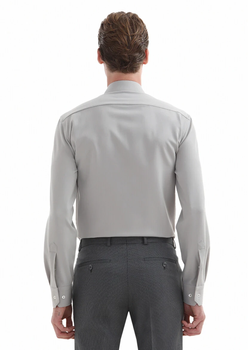 Beige Plain Regular Fit Weaving Classical Wool Blended Shirt - 4