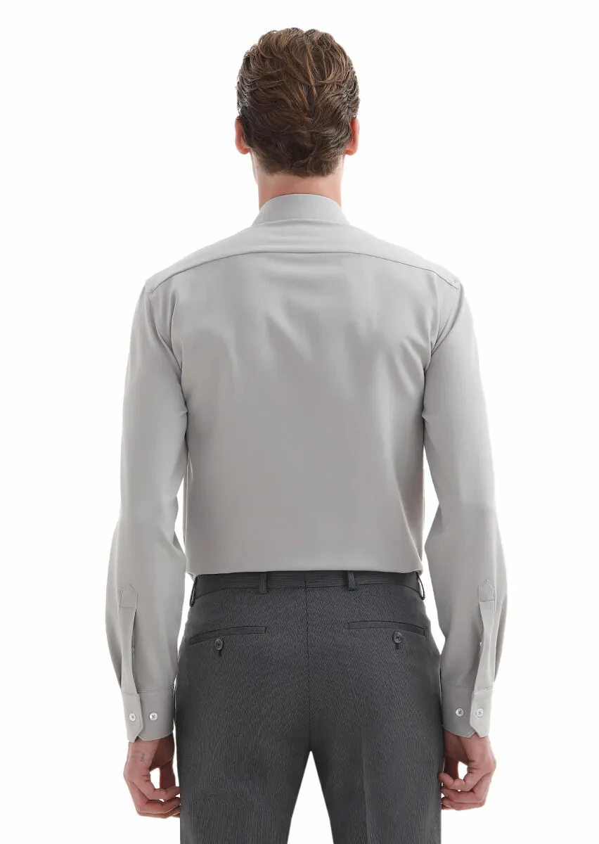 Beige Plain Regular Fit Weaving Classical Wool Blended Shirt - 4