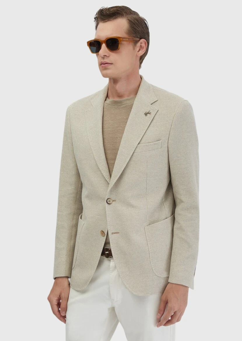 Beige Plain Shirt Shoulder Slim Fit Cotton Blended Jacket - RAMSEY