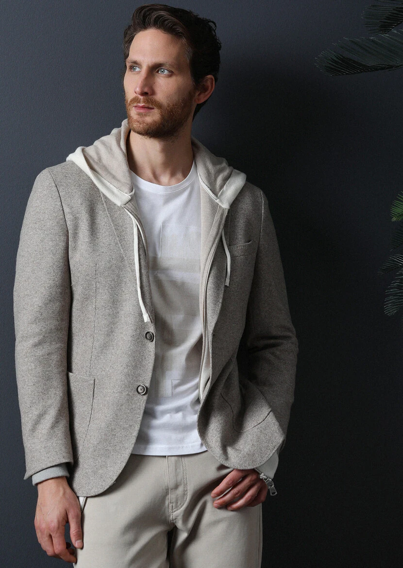 Beige Plain Shirt Shoulder Slim Fit Wool Blended Jacket - 1