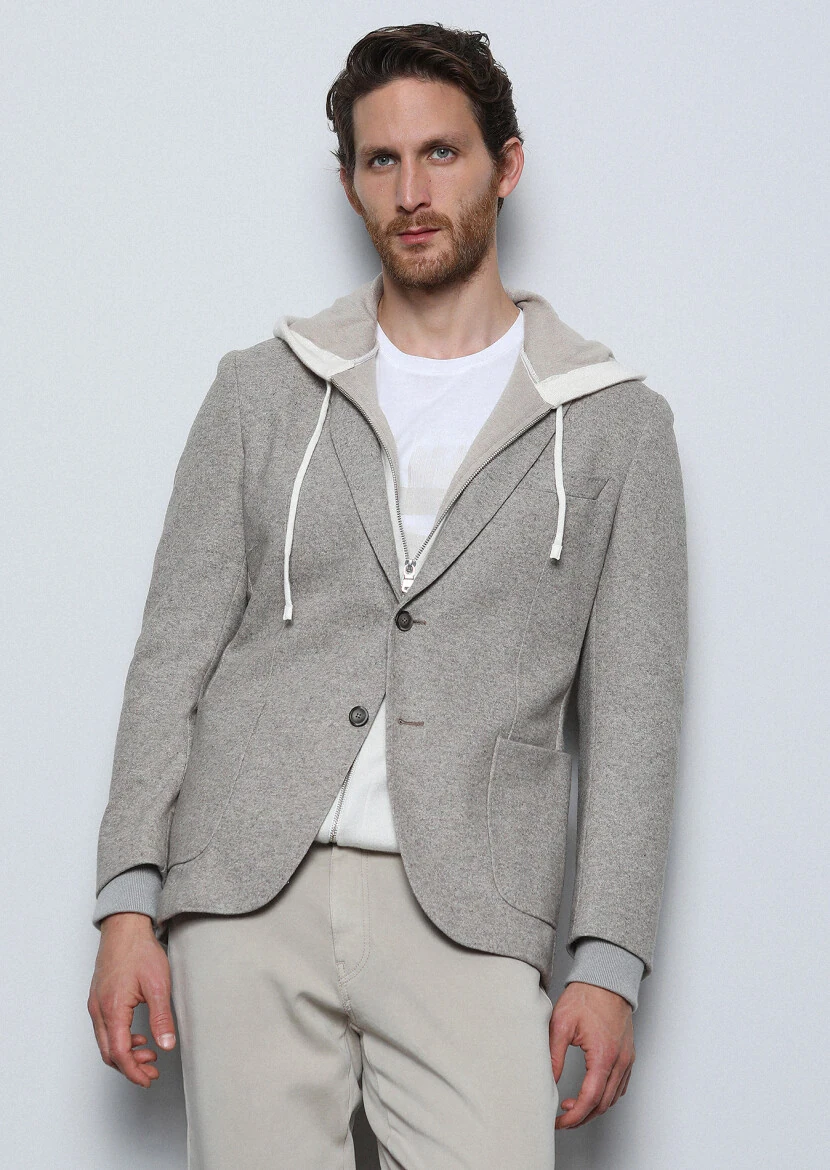 Beige Plain Shirt Shoulder Slim Fit Wool Blended Jacket - 2