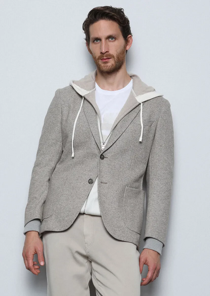 Beige Plain Shirt Shoulder Slim Fit Wool Blended Jacket - 2