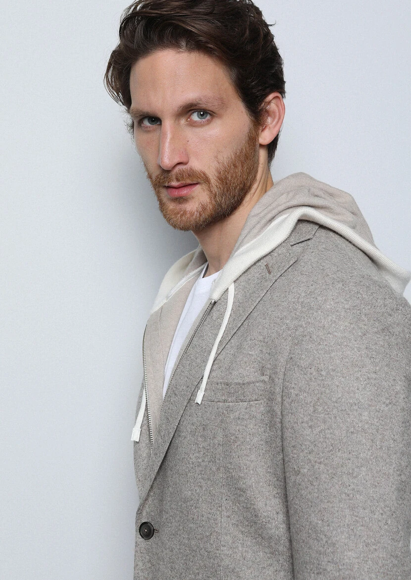 Beige Plain Shirt Shoulder Slim Fit Wool Blended Jacket - 3